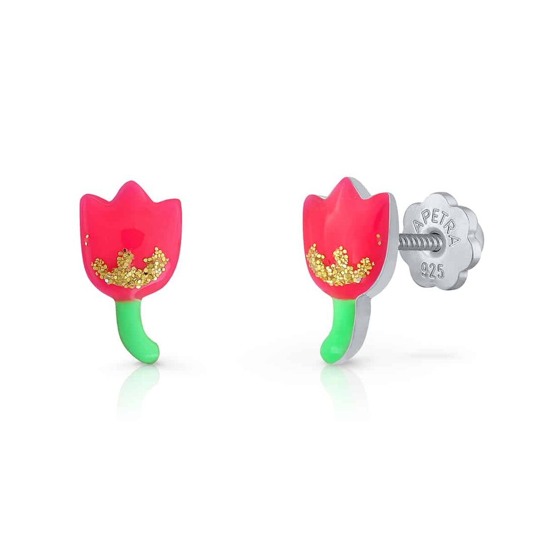 PENDIENTE ROSCA TULIPAN TALLO FUCSIA