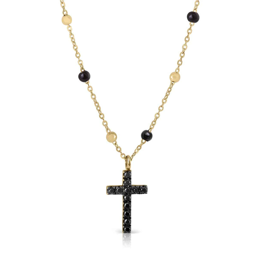 Golden "Bolitas de Anís Black" Collection Necklace - Black Diamonds Cross