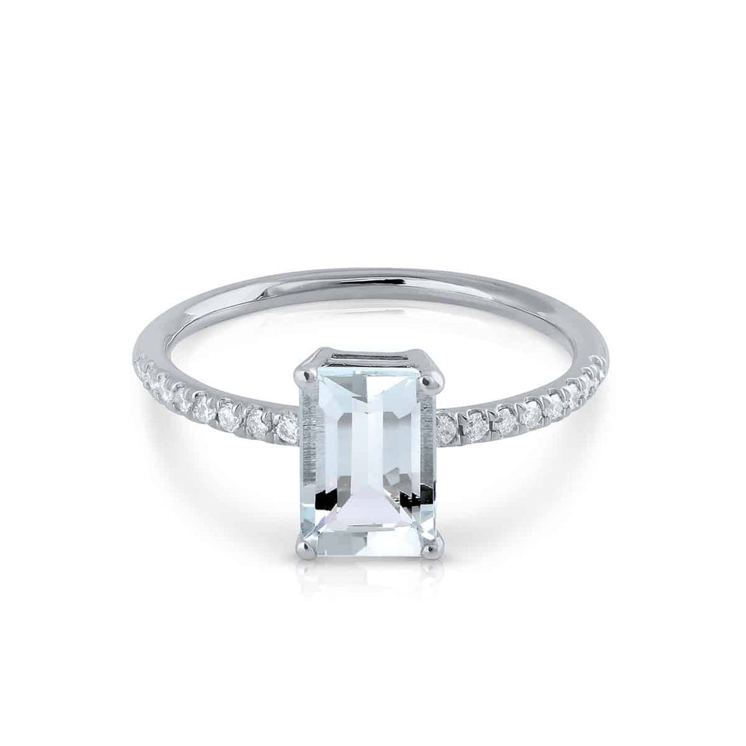 Anillo Oro Blanco Aguamarina con 16 Brillantes