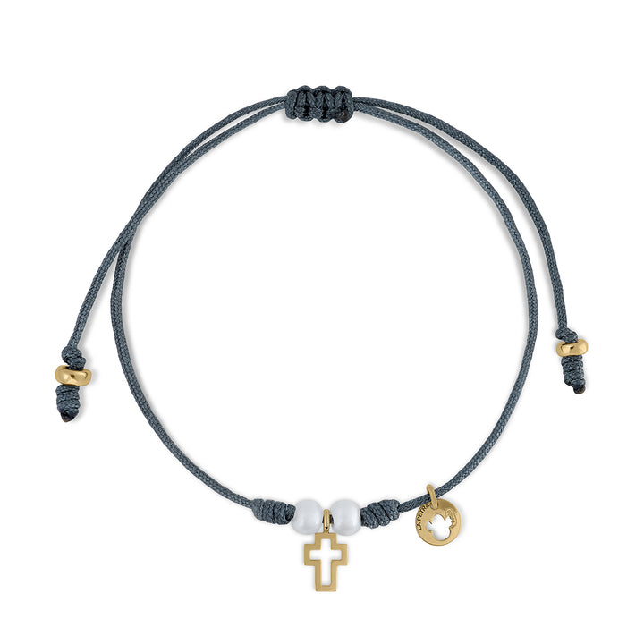 Pulsera oro macramé cruz 2 perlas
