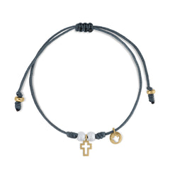 Pulsera oro macramé cruz 2 perlas