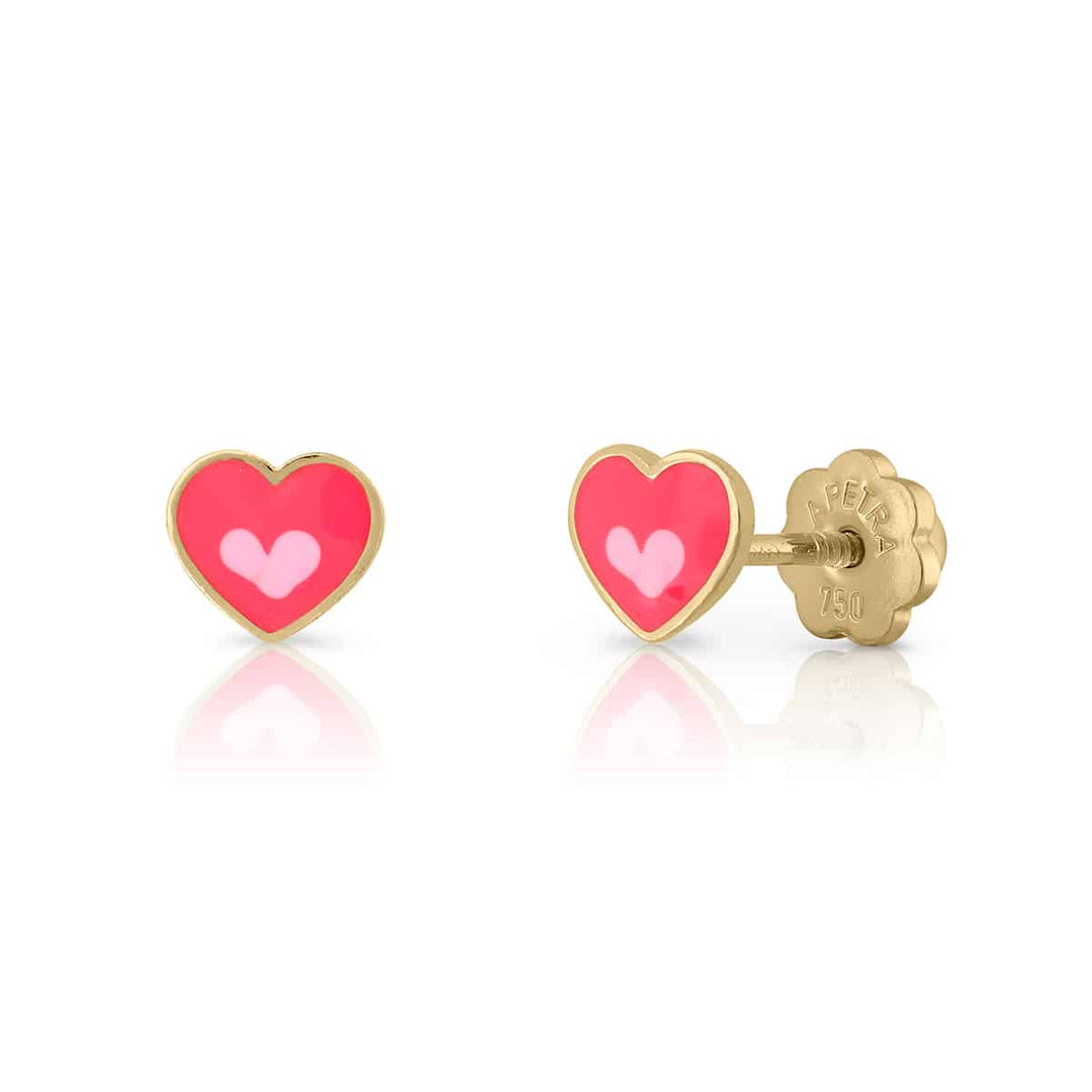 Pendientes Corazón con Corazón Esmalte Oro Rosca