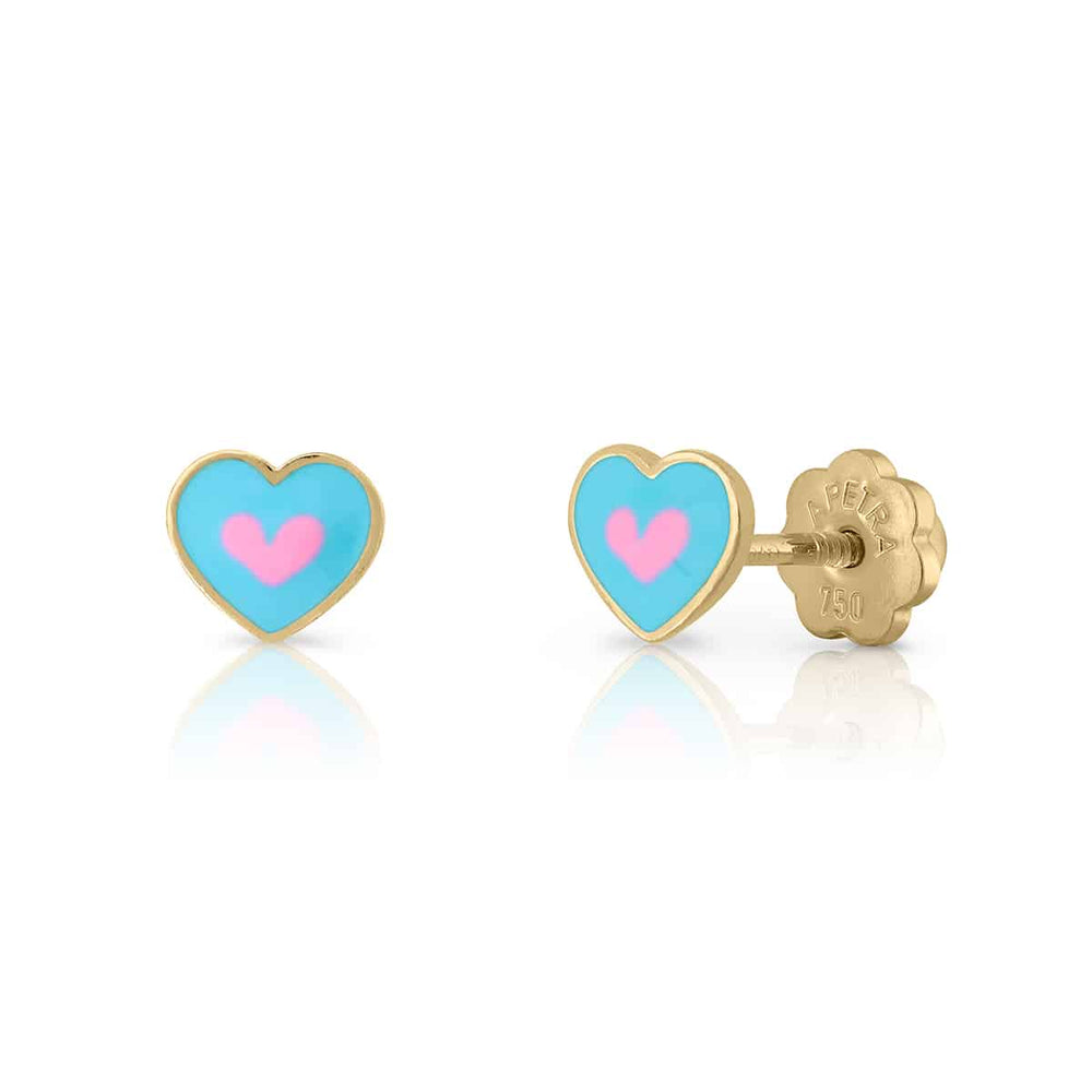 Pendientes Corazón con Corazón Esmalte Oro Rosca azul