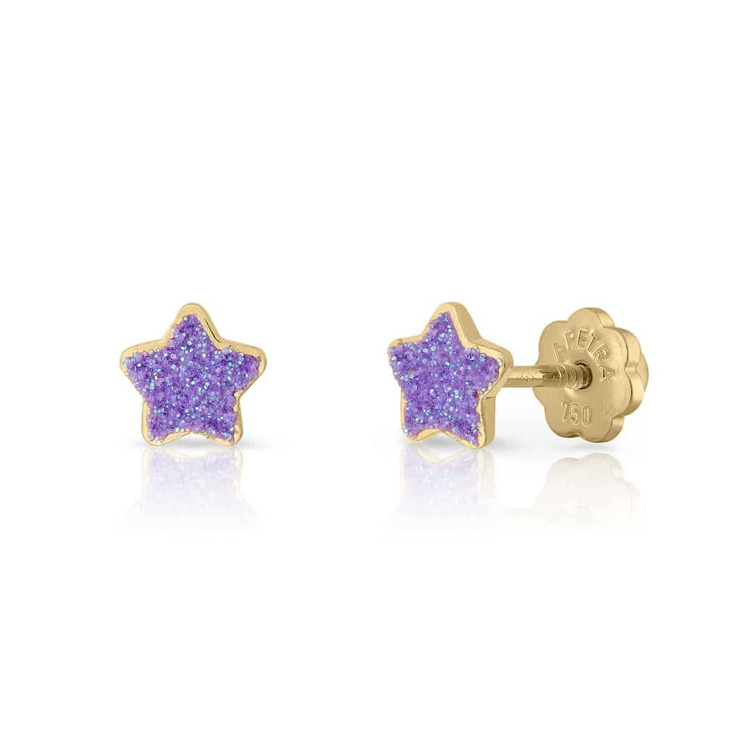 Pendientes Estrella Purpurina Esmalte Oro Rosca lila