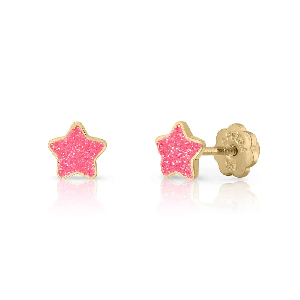 Pendientes Estrella Purpurina Esmalte Oro Rosca fucsia