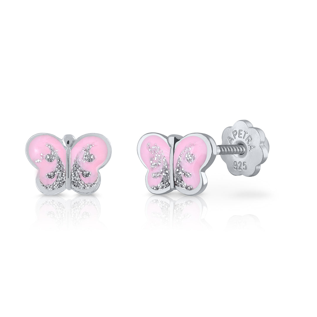 PENDIENTE ROSCA MARIPOSA PLANA ROSA BEBE