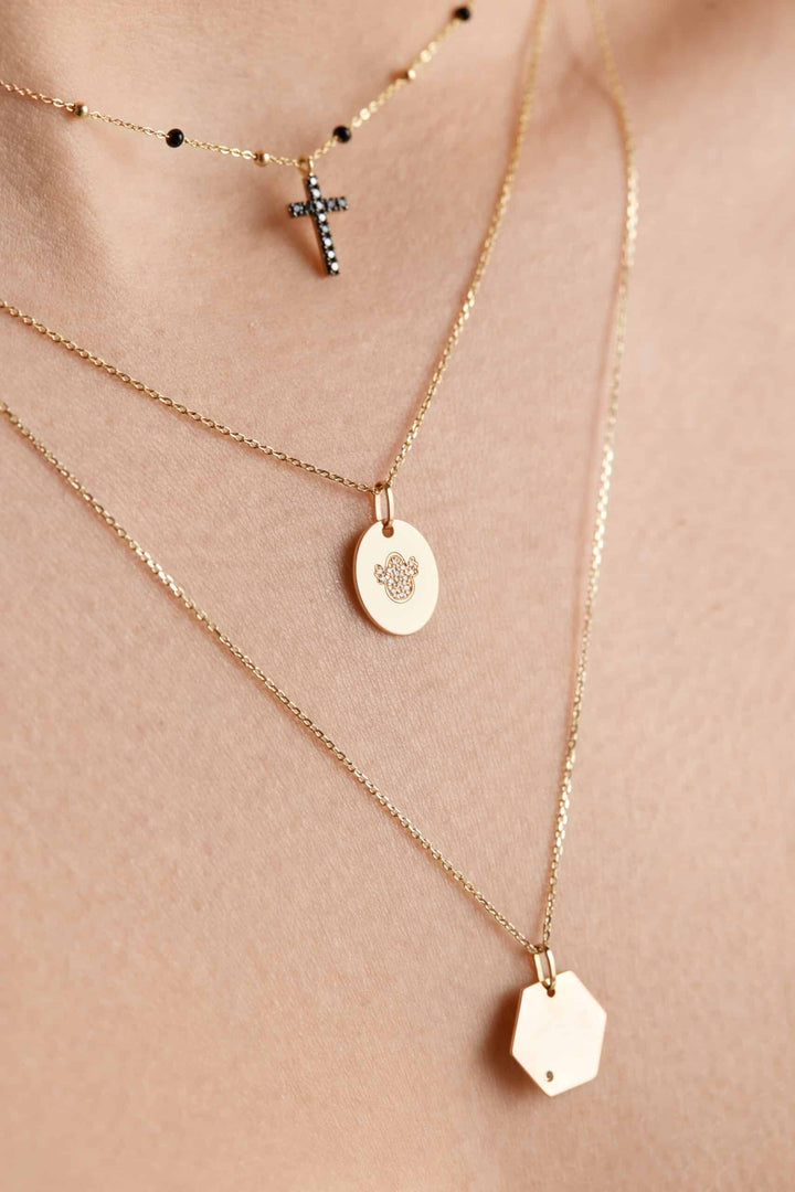 Golden "Bolitas de Anís Black" Collection Necklace - Black Diamonds Cross