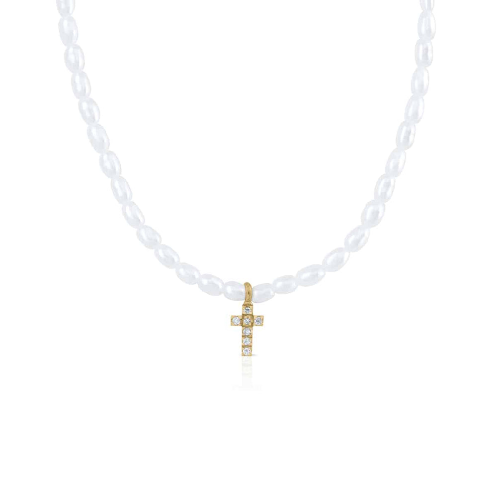Collar oro perlas con cruz de diamantes XS