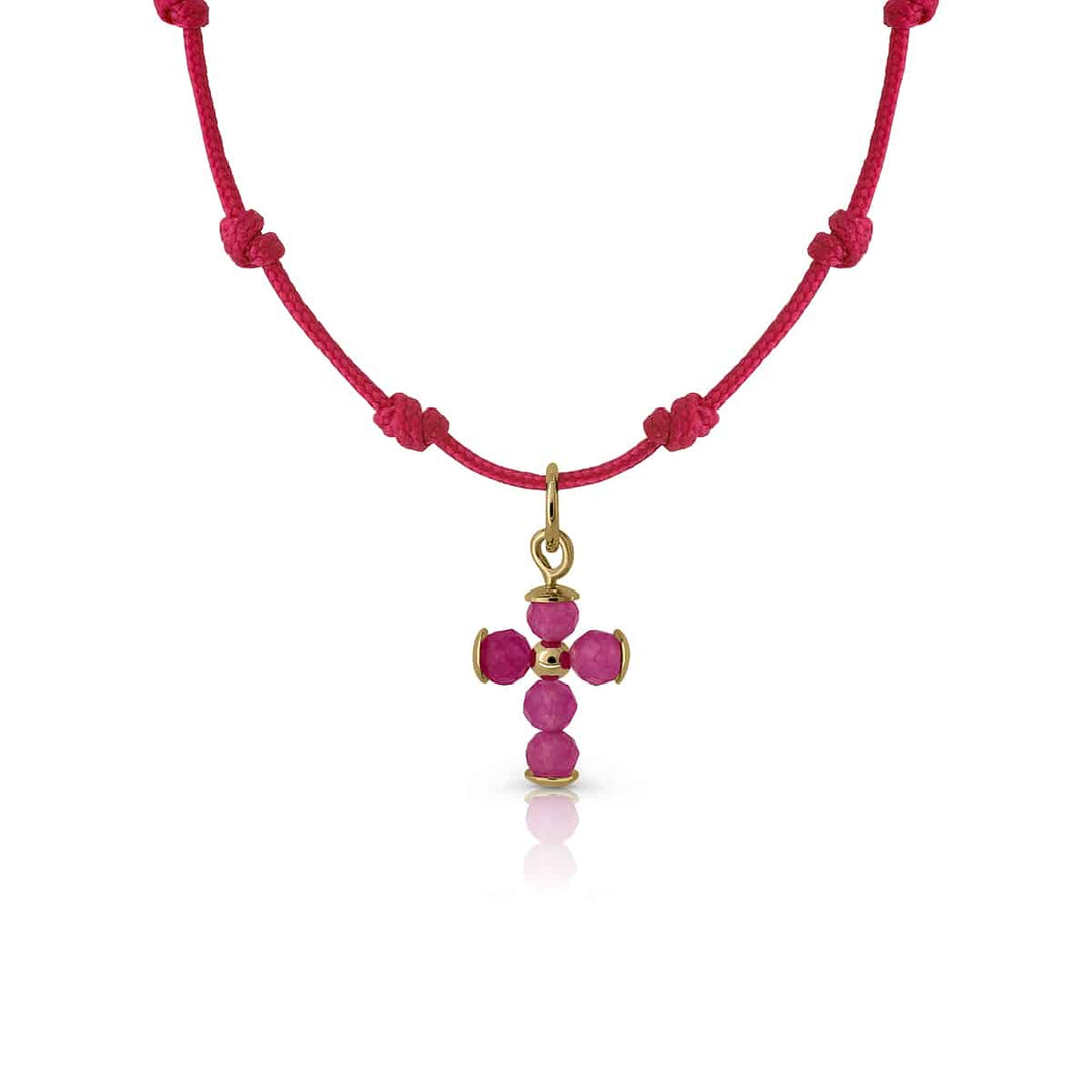 Collar Oro Nudos Macrame Cruz fuxia