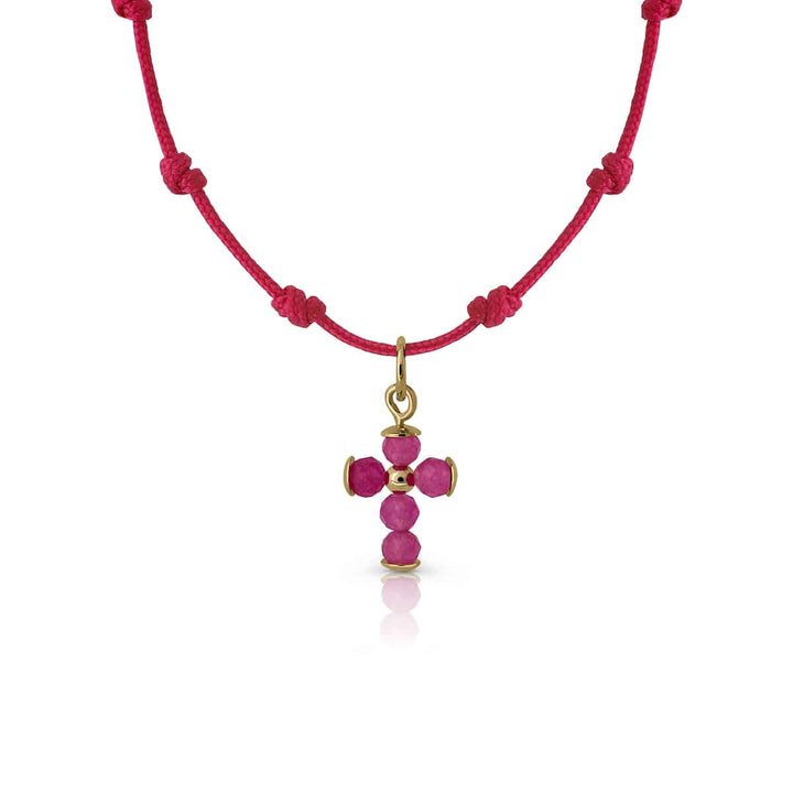 Collar Oro Nudos Macrame Cruz fuxia
