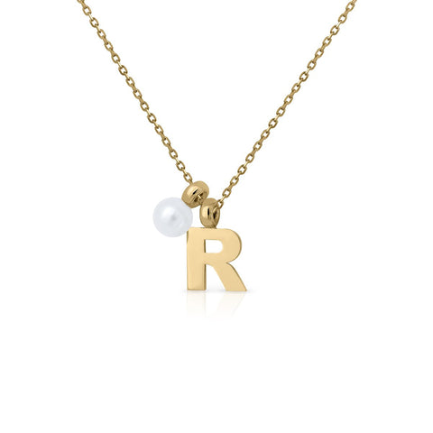 Gold Necklace Donut Initial with Pearl