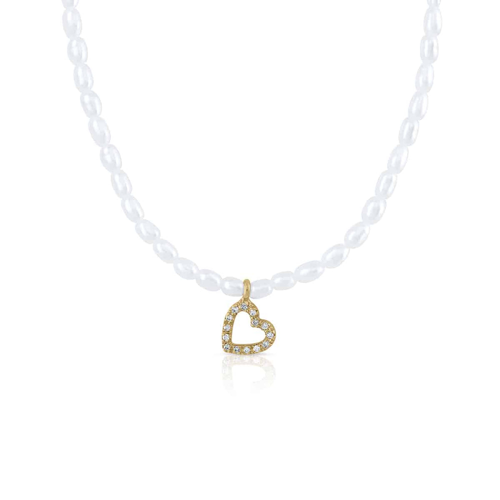Gold Necklace Pearls with Diamond Heart