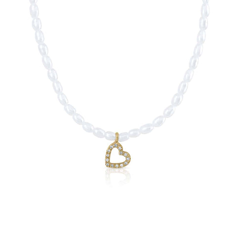 Gold Necklace Pearls with Diamond Heart