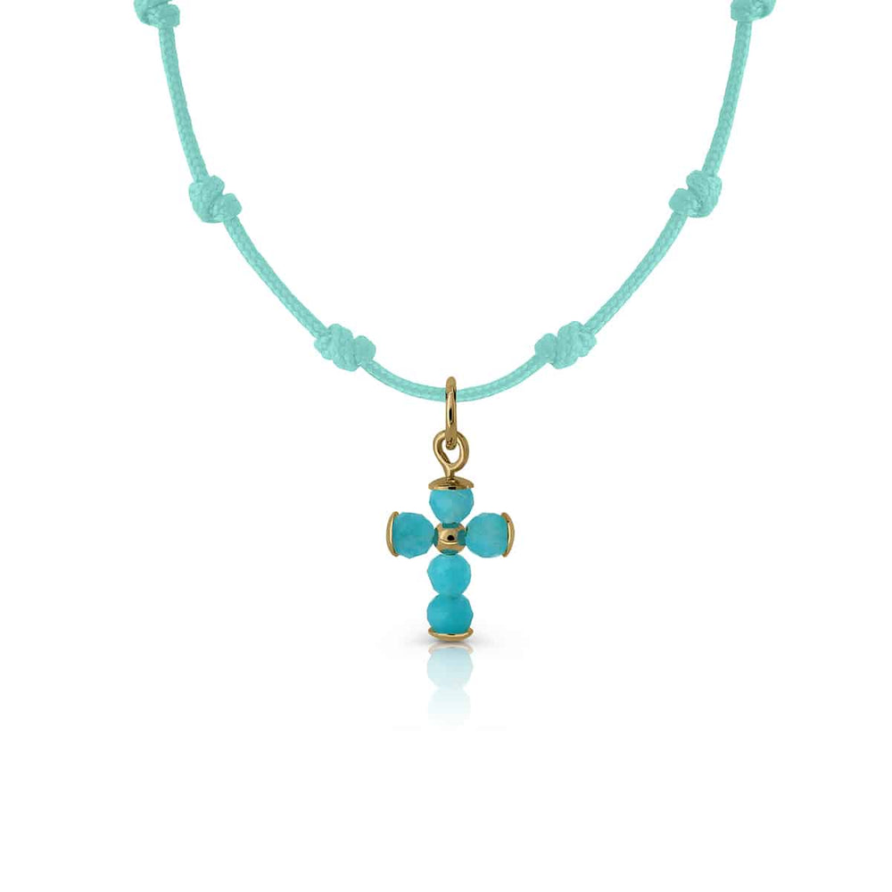 Collar Oro Nudos Macrame Cruz turquesa