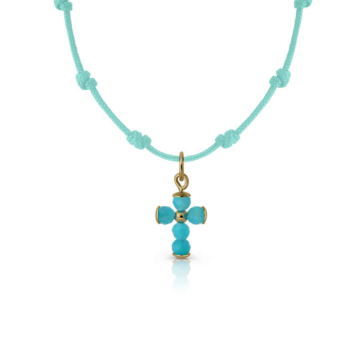 Collar Oro Nudos Macrame Cruz turquesa