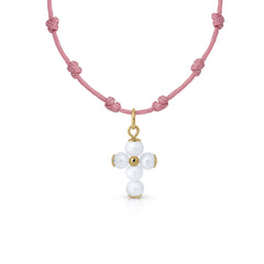 Collar oro mil nudos macramé cruz perlas