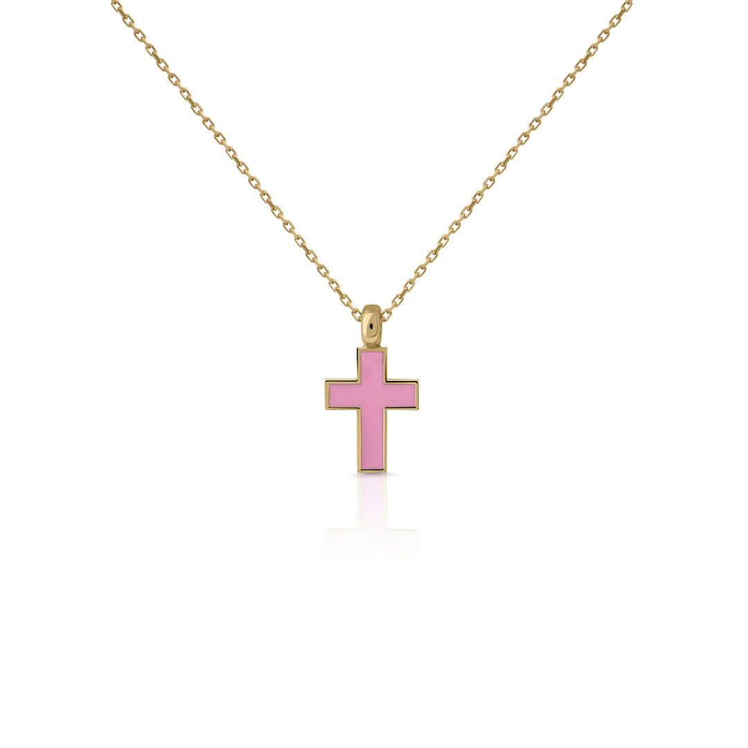 Collar oro cruz esmalte rosa