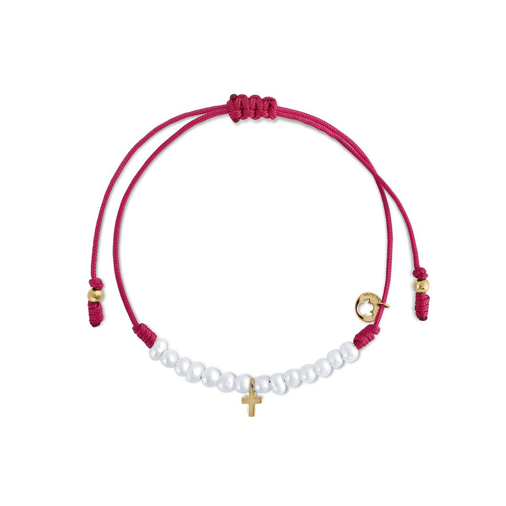 Pulsera Oro Macramé cruz perlas