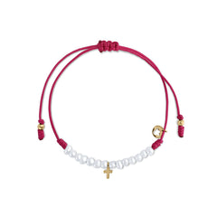 Pulsera Oro Macramé cruz perlas