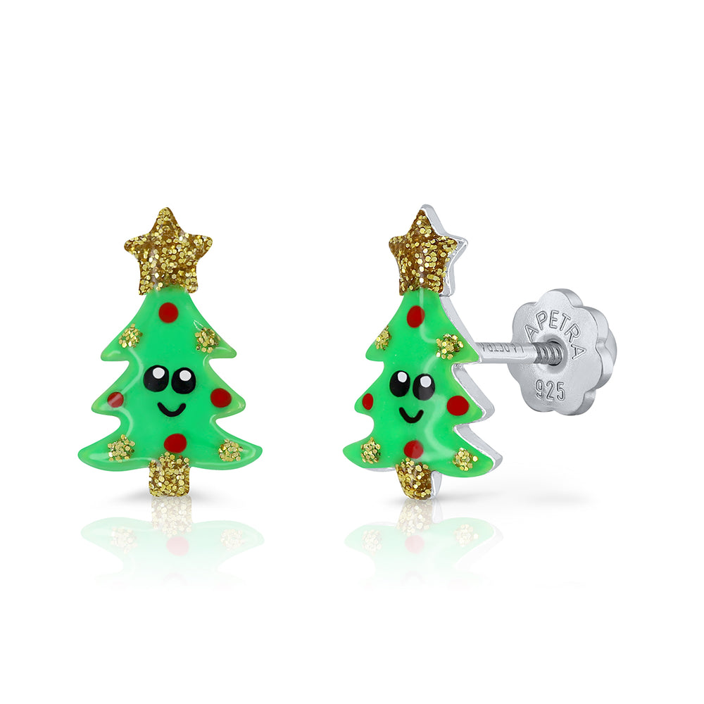 Xmas Tree Enamel Earrings Screwback
