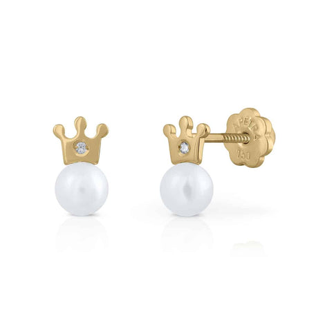 Golden Tiny Collection Diamond and Pearl Earrings - Crown