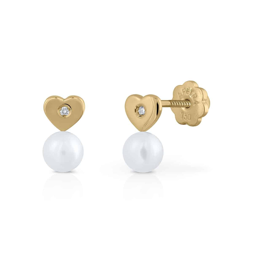 Brincos ouro diamante pérola Coração miniatura