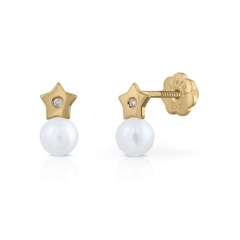 Golden Tiny Collection Diamond and Pearl Earrings - Star