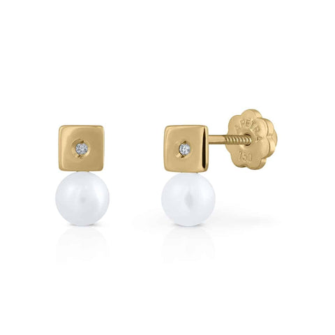Golden Tiny Collection Diamond and Pearl Earrings - Square