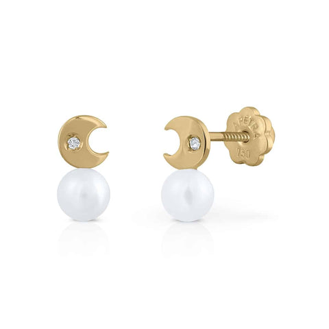 Golden Tiny Collection Diamond and Pearl Earrings - Moon