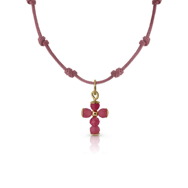 Collar Oro Nudos Macrame Cruz rosa
