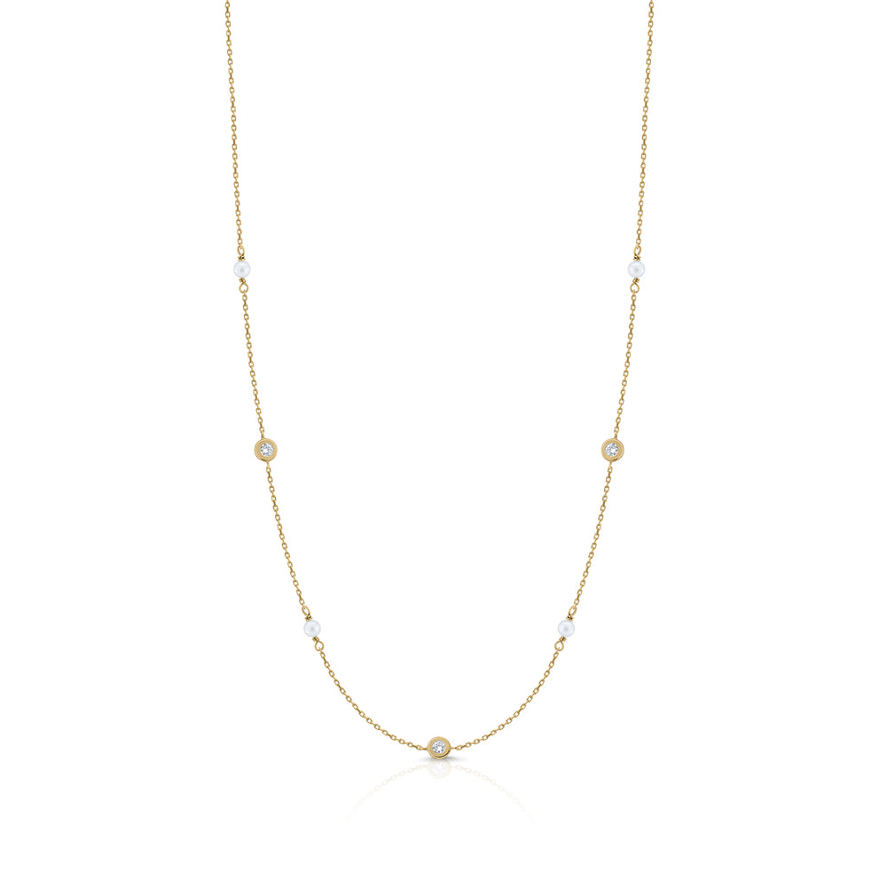 Gold diamond pearl chaton necklace
