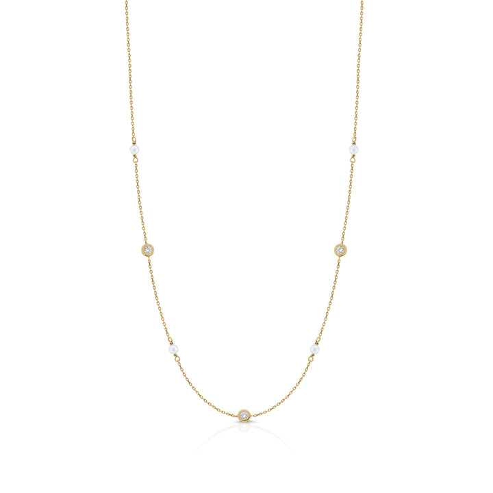 Gold diamond pearl chaton necklace