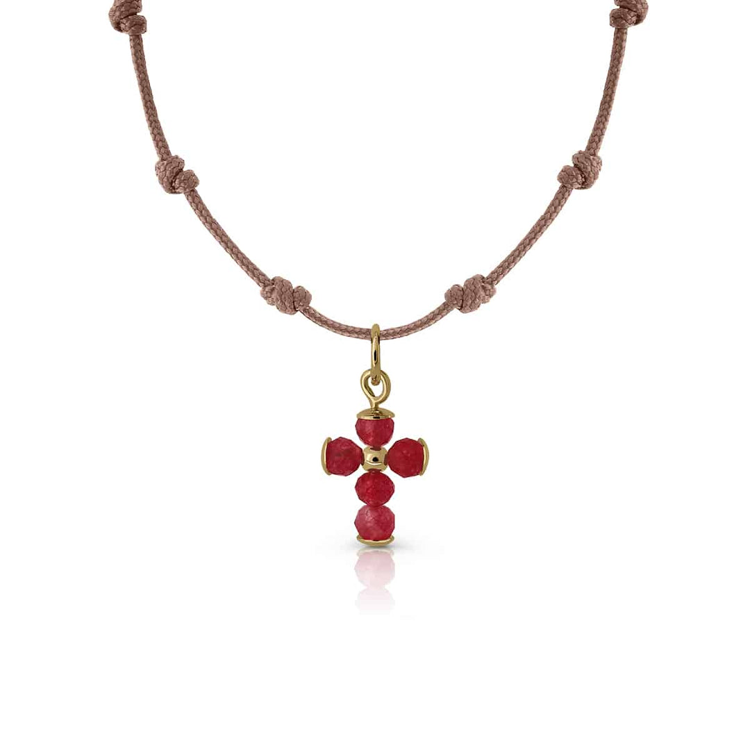 Collar Oro Nudos Macrame Cruz Granate