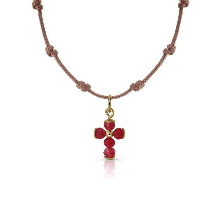 Collar Oro Nudos Macrame Cruz Granate