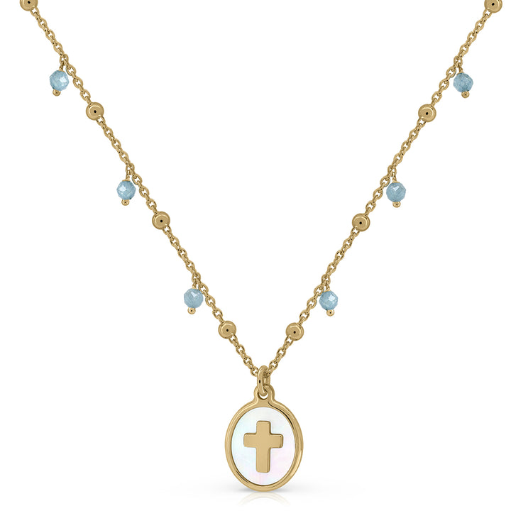 Collar piedras pandereta medalla cruz nácar