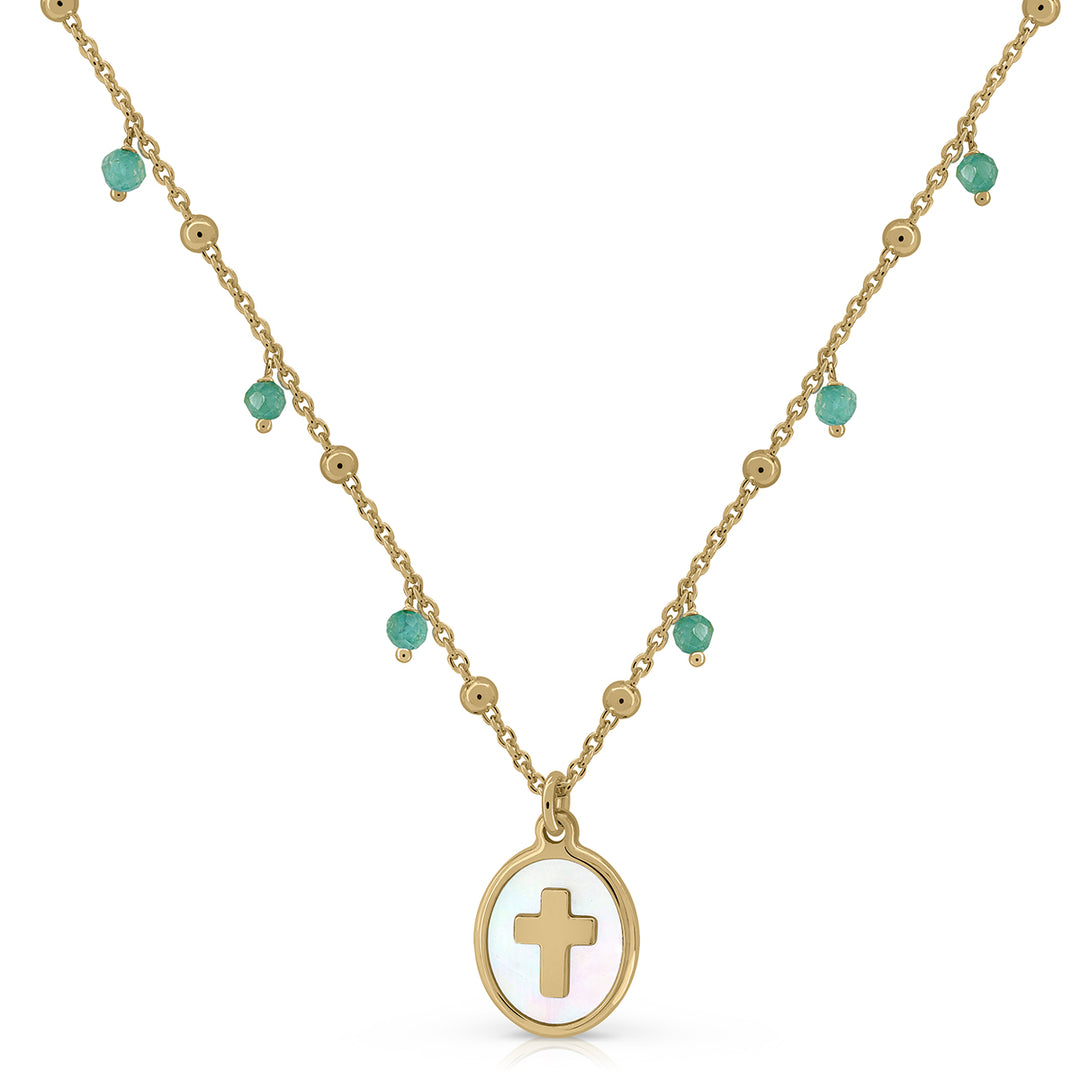 Collar piedras pandereta medalla cruz nácar