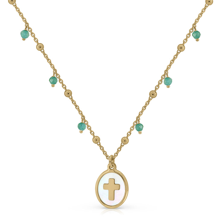 Collar piedras pandereta medalla cruz nácar