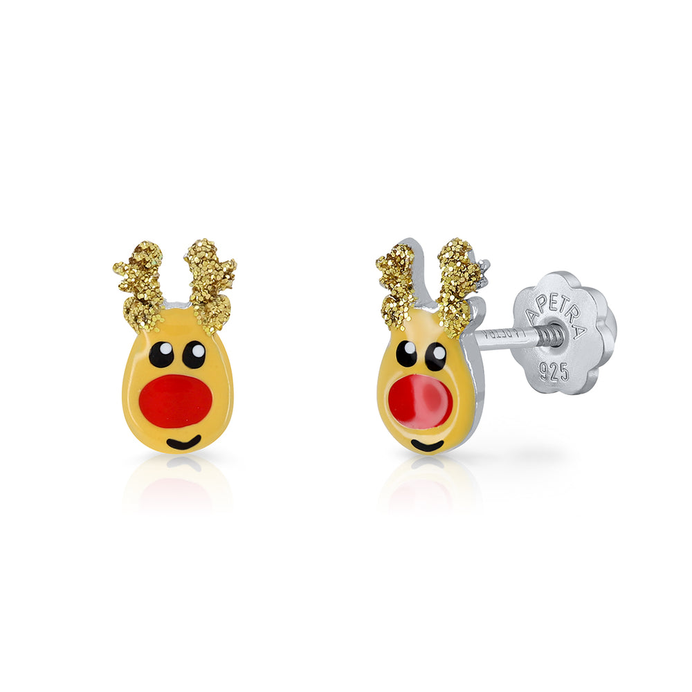 Xmas Deer Enamel Earrings Screwback