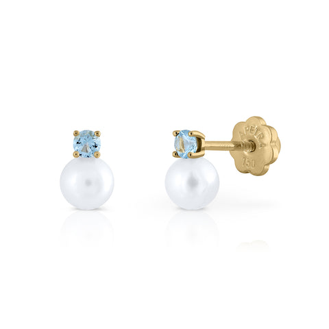 Gold Earrings Tiny Pearl Topaz Screw Back